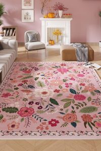 Rugcomf 5x7 washable boho area rug with vintage floral design and non-slip backing in a modern living room