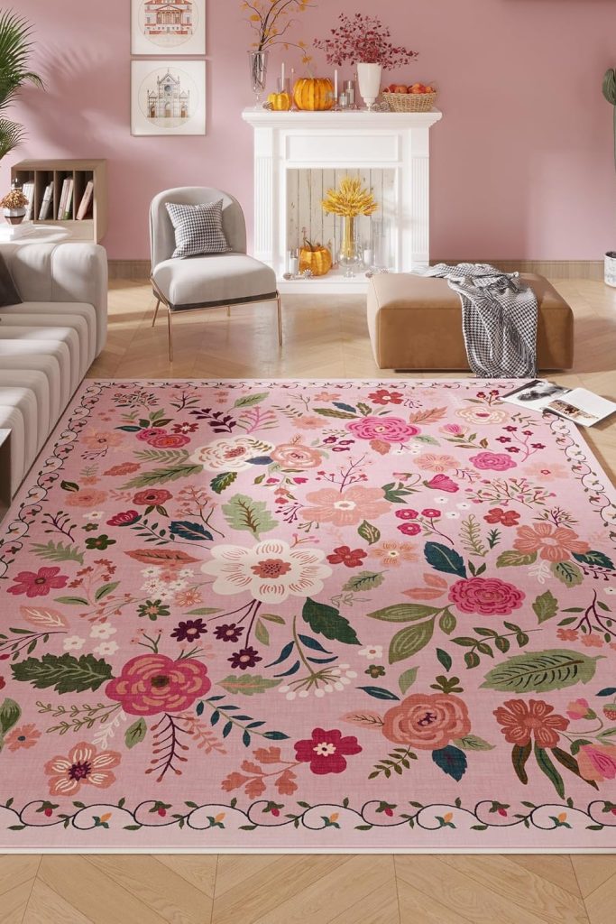 Rugcomf 5x7 washable boho area rug with vintage floral design and non-slip backing in a modern living room