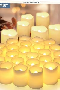 "SHYMERY 24-pack flameless votive candles with warm white LED glow"