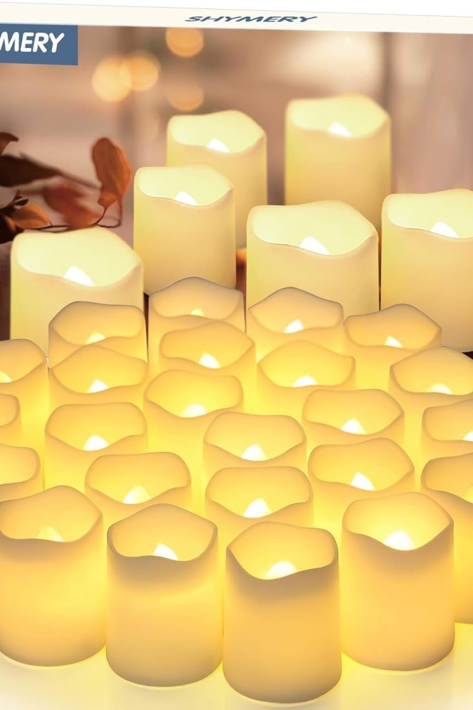 "SHYMERY 24-pack flameless votive candles with warm white LED glow"