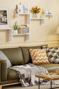Set of 5 SRIWATANA floating wall shelves in washed white wood, styled for bathroom, kitchen, bedroom, or living room wall decor and storage.