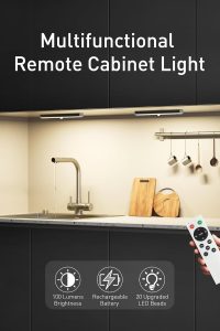 SZOKLED 20-LED rechargeable under cabinet light bar mounted under a kitchen shelf with remote control