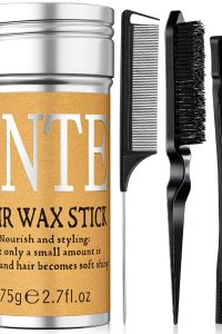 Slick back hair brush set with hair wax, edge brush, rat tail comb, bristle brush, and hair bun accessories for sleek styles on women and kids