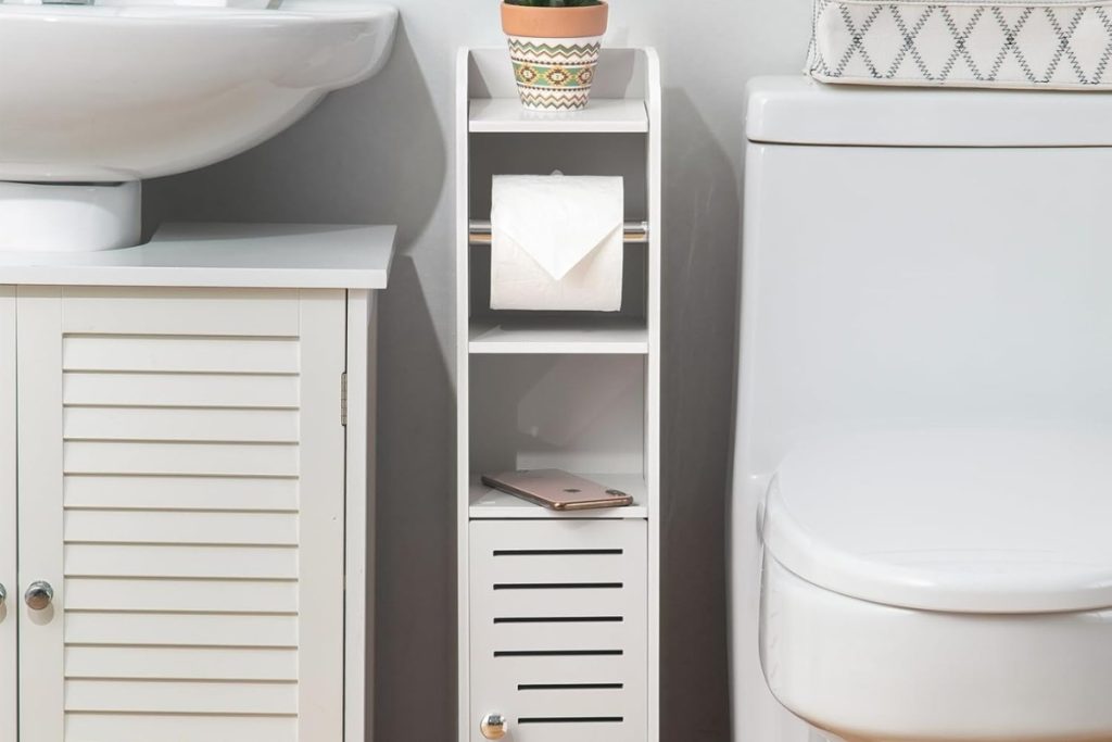 White AOJEZOR toilet paper holder stand with built-in slim bathroom storage cabinet, ideal for small spaces beside the toilet