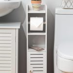 White AOJEZOR toilet paper holder stand with built-in slim bathroom storage cabinet, ideal for small spaces beside the toilet