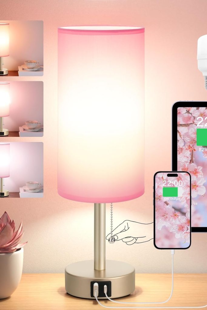 Small minimalist table lamp with round fabric shade on a nightstand – perfect for bedrooms, desks, or children's study areas