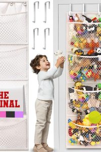 Over-the-door stuffed animal storage hammock holding plush toys in a toddler or kids' room for space-saving organization.