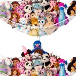 “Lilly’s Love stuffed animal hammock in nursery corner with plushies organized”