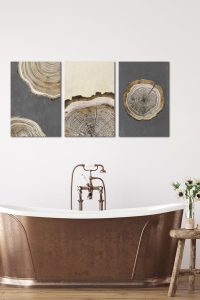 Set of 3 DuoBaorom abstract tree ring prints in grey tones, 16"x24" each, perfect for modern neutral bathroom or living room wall decor