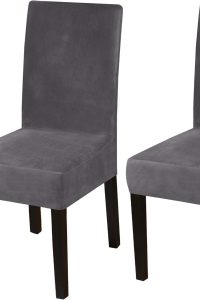 Set of 2 gray Turquoize stretch velvet dining chair covers – thick, soft slipcovers for parson chairs in dining rooms, hotels, or event ceremonies