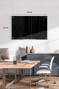U Brands 35 by 23 inch black glass dry erase board with silver grommets, frameless design, and included marker with built-in eraser – modern wall office board