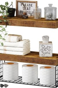 QEEIG Rustic Brown Bathroom Floating Shelves Over Toilet – Set of 2 Wall-Mounted Storage Racks