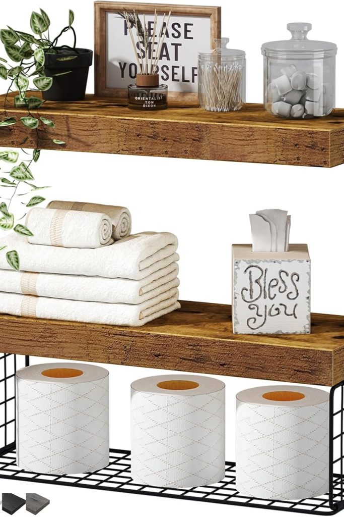 QEEIG Rustic Brown Bathroom Floating Shelves Over Toilet – Set of 2 Wall-Mounted Storage Racks