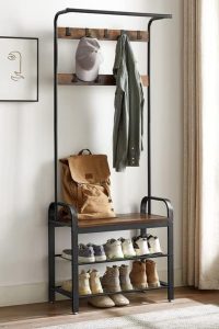 VASAGLE 4-in-1 hall tree in rustic brown and black with coat rack, 9 hooks, hanging rod, and entryway shoe bench – model UHSR40B