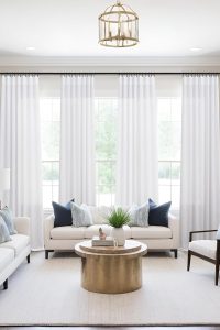 "Mrs. Naturall white linen curtains 84 inch long, semi sheer light filtering, 2 panel set hanging in modern farmhouse living room"