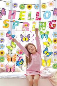 78 PCS Hello Spring hanging decorations set with butterfly, daisy, and sunflower designs