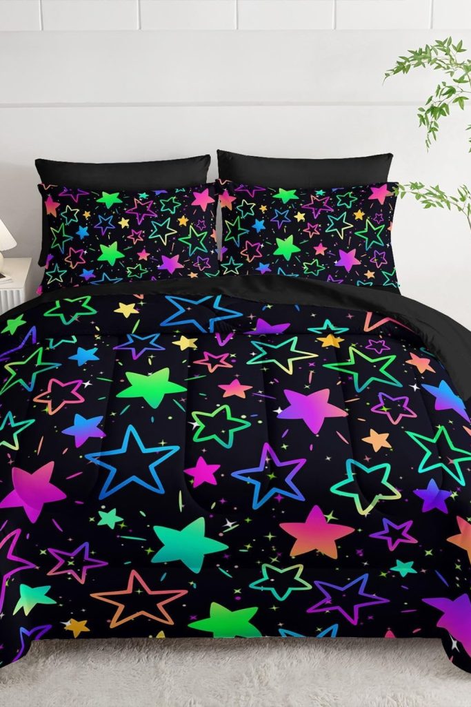 "Colorful stars printed 7 piece twin comforter set for kids"