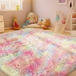“Ophanie 5x8 rainbow colorful shag rug for kids bedroom” “Soft fluffy plush area rug for girls, unicorn design”