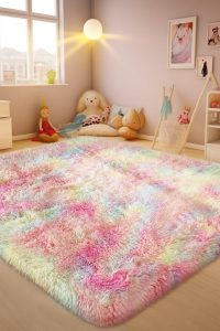“Ophanie 5x8 rainbow colorful shag rug for kids bedroom”“Soft fluffy plush area rug for girls, unicorn design”