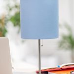"Simple Designs LT1144-BLU Table Lamp with blue shade on modern desk"