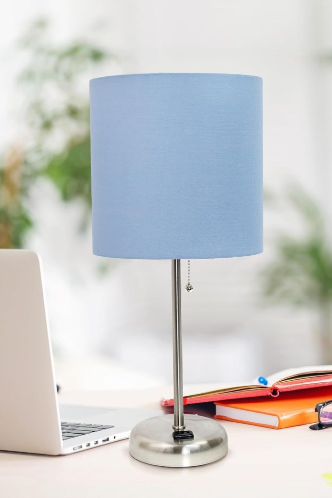 "Simple Designs LT1144-BLU Table Lamp with blue shade on modern desk"