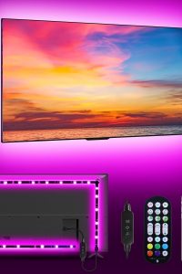 MATICOD LED backlight strip glowing behind a 43-inch TV with vibrant colors