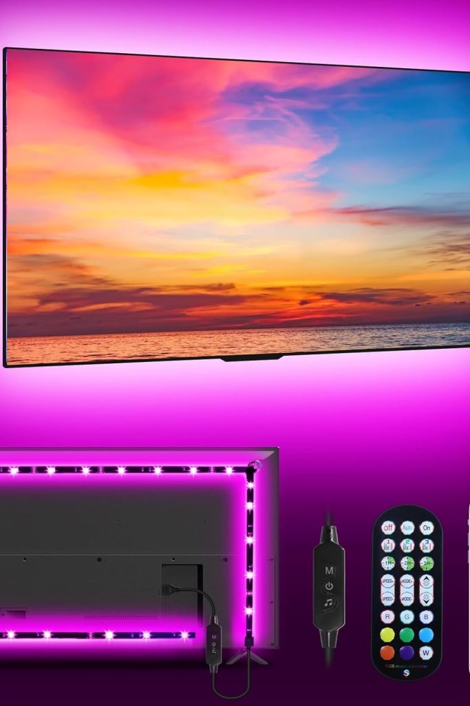 MATICOD LED backlight strip glowing behind a 43-inch TV with vibrant colors