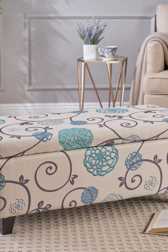 “Christopher Knight Home Breanna Storage Ottoman in White and Blue Floral pattern placed in living room”