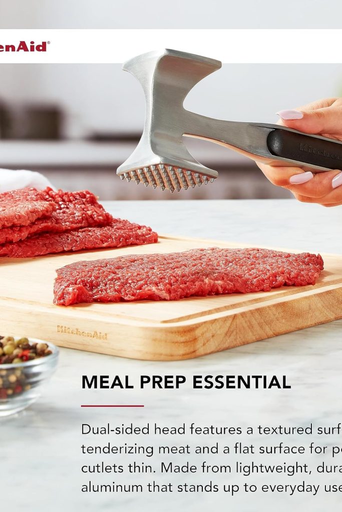 KitchenAid Gourmet Multi-Sided Meat Tenderizer – Dual-Textured Black Aluminum Meat Mallet with Ergonomic Handle and Hang Hole for Easy Storage