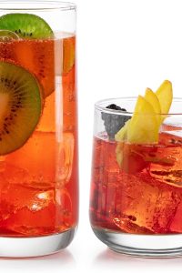 “Libbey Ascent Tumbler and Rocks Glasses Set of 16 on modern kitchen counter”