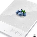 "Etekcity 22lb digital kitchen scale with stainless steel surface on a modern kitchen counter"