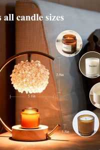 "Gold candle warmer lamp with crystal shade and wooden base"