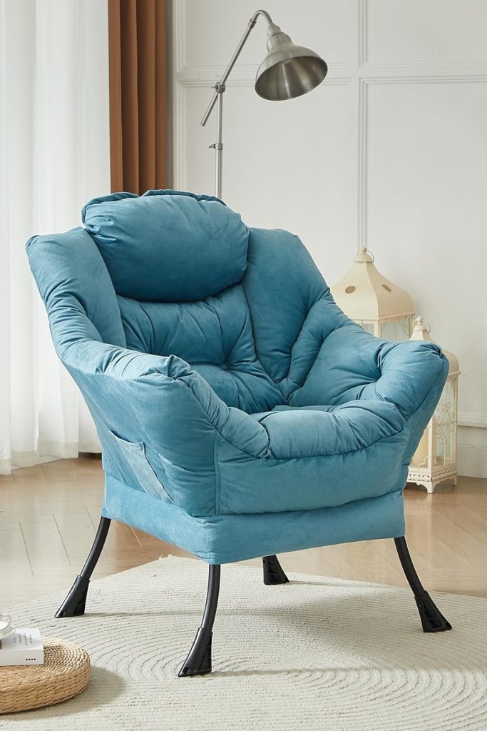 HollyHOME fabric large lazy chair in blue – cozy accent reading chair with armrest