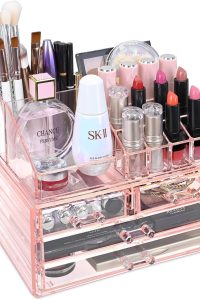 Ikee Design pink jewelry and cosmetic storage display boxes on vanity