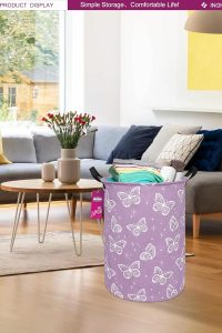 Large canvas fabric laundry hamper with butterfly design