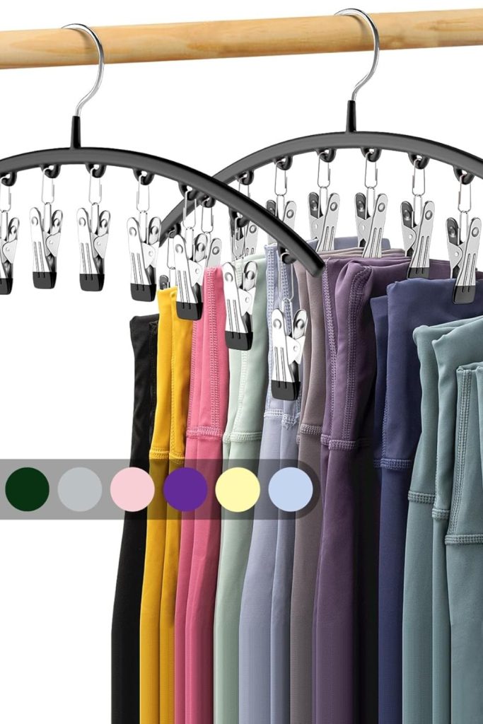 Legging Organizer for Closet – Metal Yoga Pants Hangers 2 Pack with 10 Rubber-Coated Clips in Black