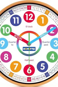 “10-inch multi-colored kids wall clock for learning to tell time”
