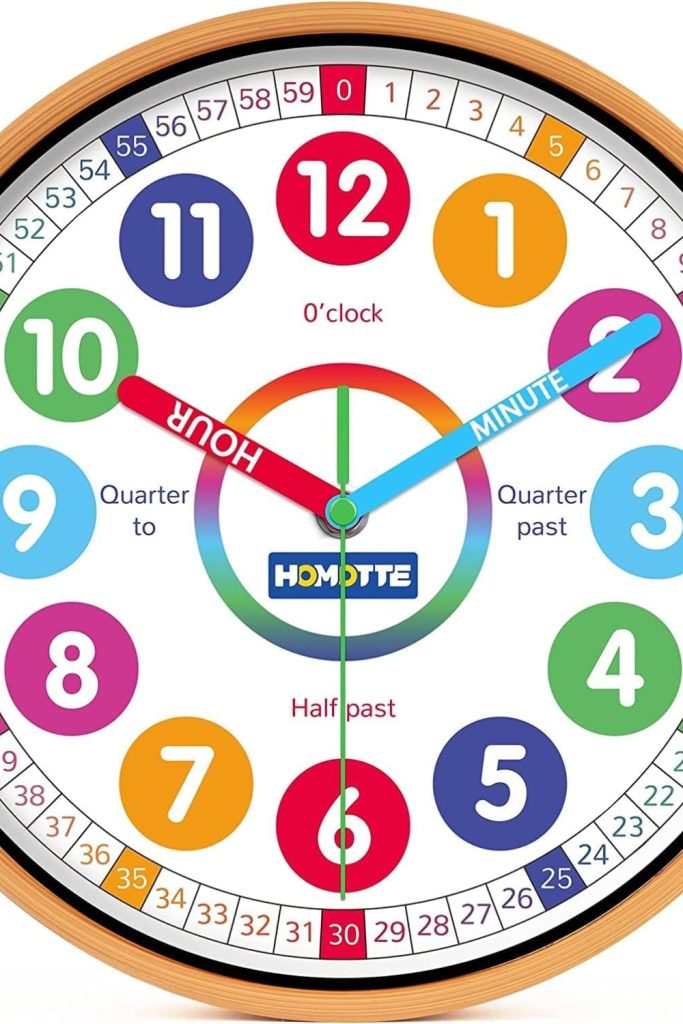 “10-inch multi-colored kids wall clock for learning to tell time”