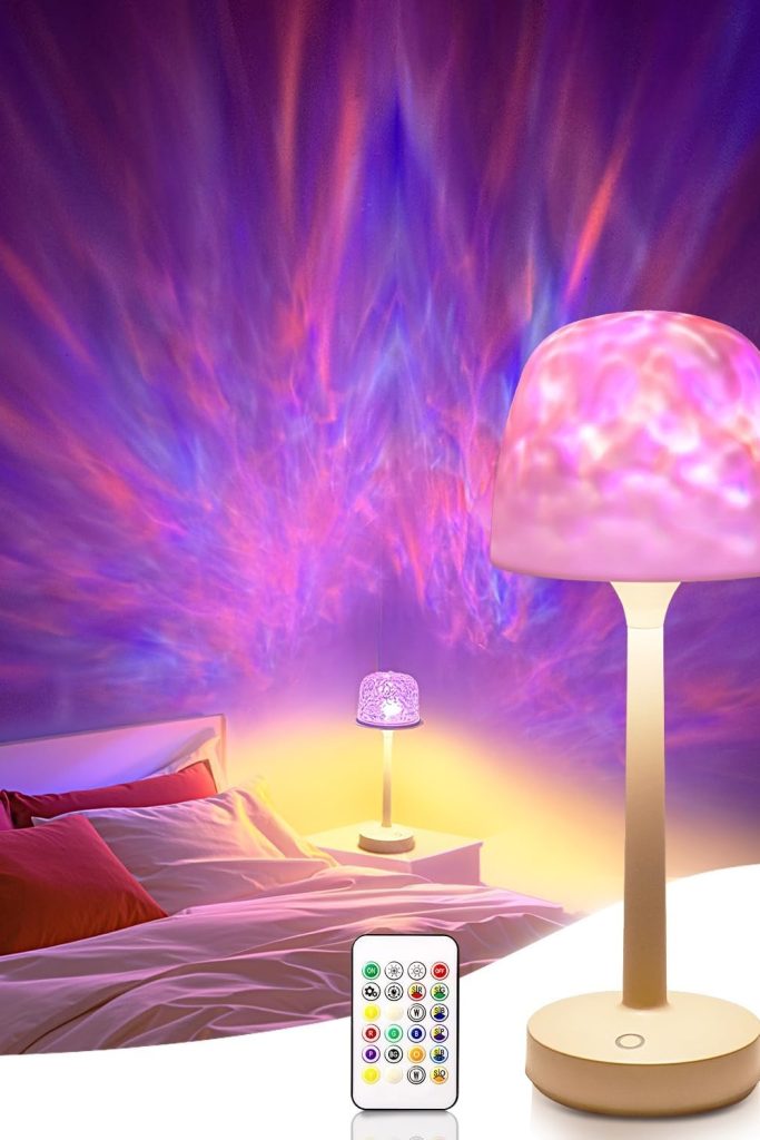 Cordless ocean wave projector light with RGB color-changing effect