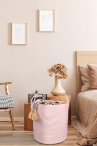 XUANGUO cotton rope laundry basket hamper in light pink for nursery