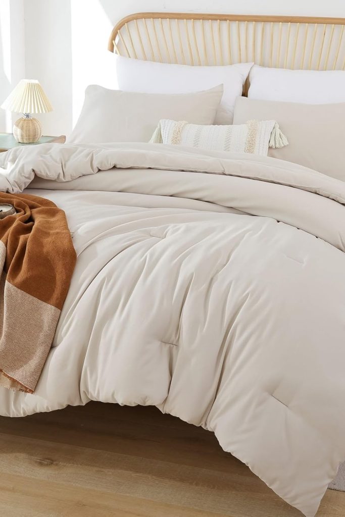 ROSGONIA beige comforter set queen – boho bedding with comforter and pillowcases