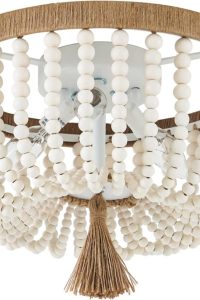 "VILUXY Bohemia wood beaded flush mount ceiling light in antique white with 3-light design"