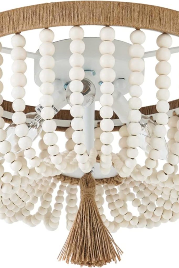 "VILUXY Bohemia wood beaded flush mount ceiling light in antique white with 3-light design"