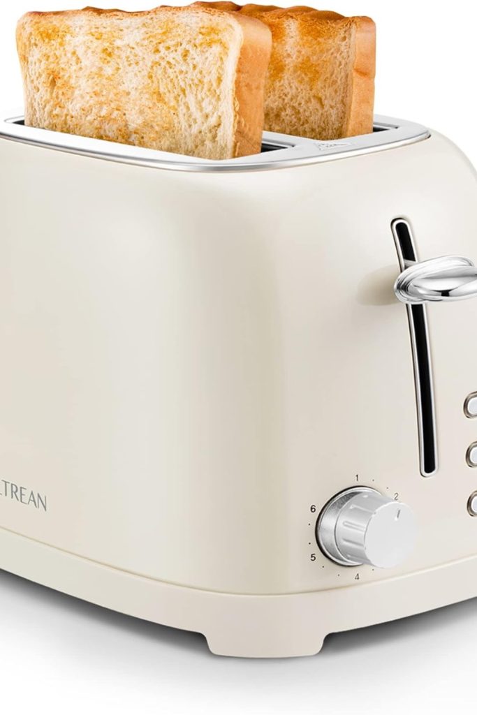 "Ultrean 2-Slice Toaster with stainless steel body and extra-wide slots on a modern kitchen counter"