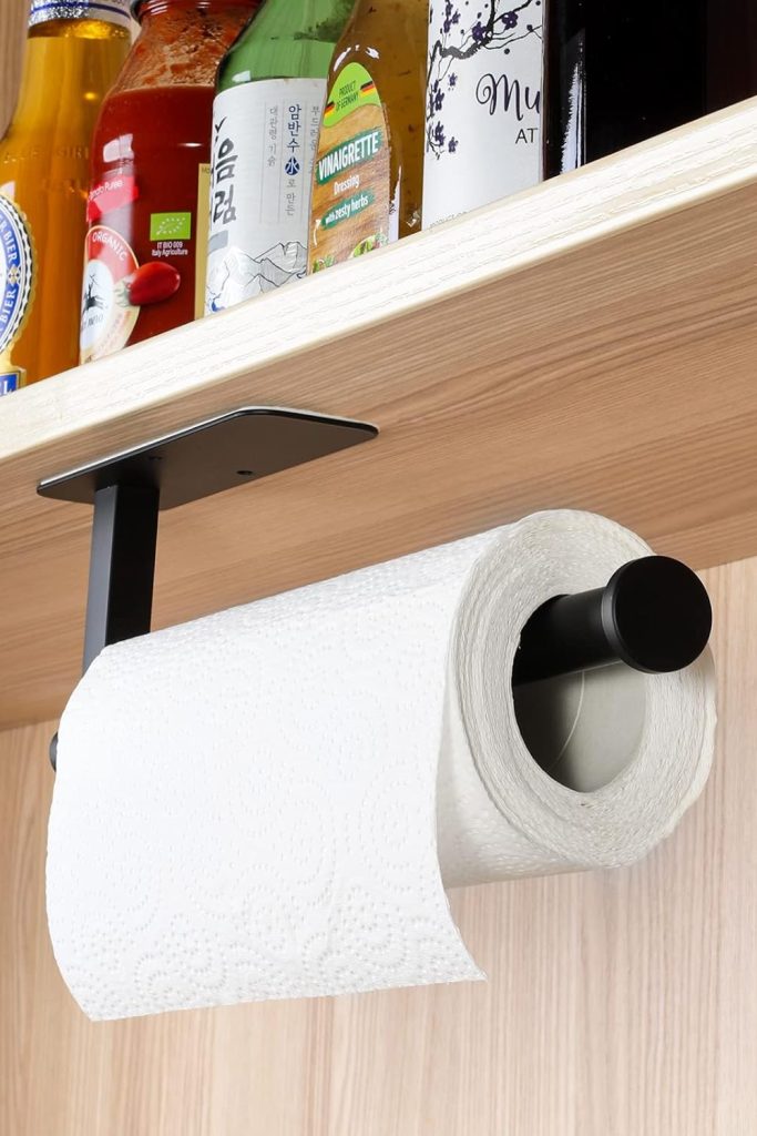 “ASTOFLI under cabinet paper towel holder, matte black, no drill installation”