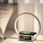 "WILIT bedside lamp with alarm clock, sunrise wake-up light, wireless charger, and 3-level touch dimming in wood grain finish"