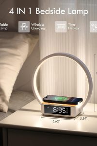 "WILIT bedside lamp with alarm clock, sunrise wake-up light, wireless charger, and 3-level touch dimming in wood grain finish"