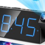 Digital Projection Alarm Clock with large LED display, 180° rotatable projector, dual alarms, USB charging port, and battery backup