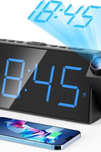 Digital Projection Alarm Clock with large LED display, 180° rotatable projector, dual alarms, USB charging port, and battery backup