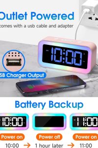 Cadmos cute pink loud alarm clock with RGB night light on a girls’ bedside table